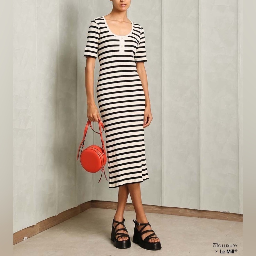 NWT GANNI Black and White Striped Ribbed Midi Bodycon Dress sz XS